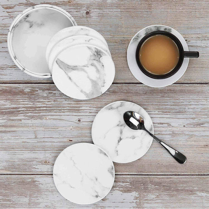 PU Leather Coaster Set with Holder Marble White and Black, 6pcs
