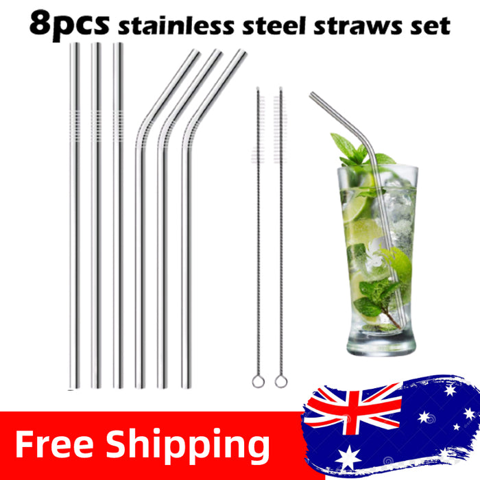 10Pcs Stainless Steel Drinking Straws with Cleaning Brushes