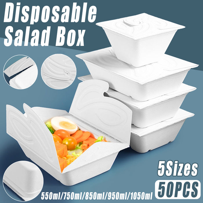 50 Pcs Pulp Salad and Fruit Lunch Boxes Four-Turn Lid White 5 Sizes 550-1050 ml