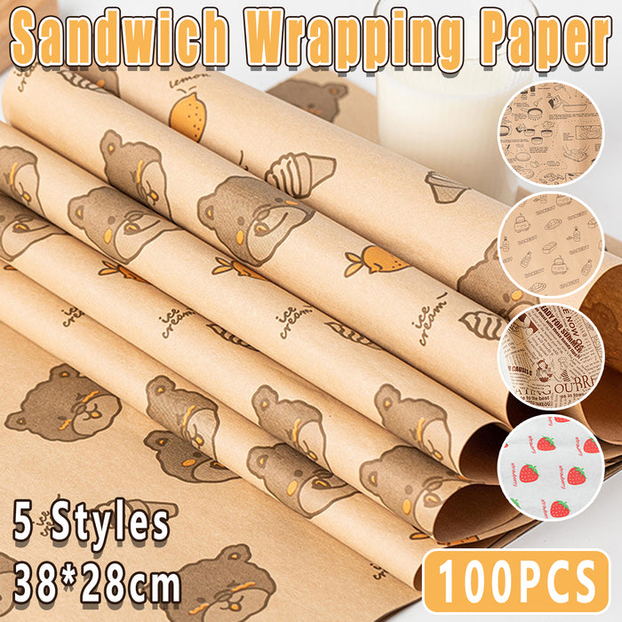 100Pcs Grease-Proof Sandwich Wrappers Oil Blotting Coated Paper 5 Styles