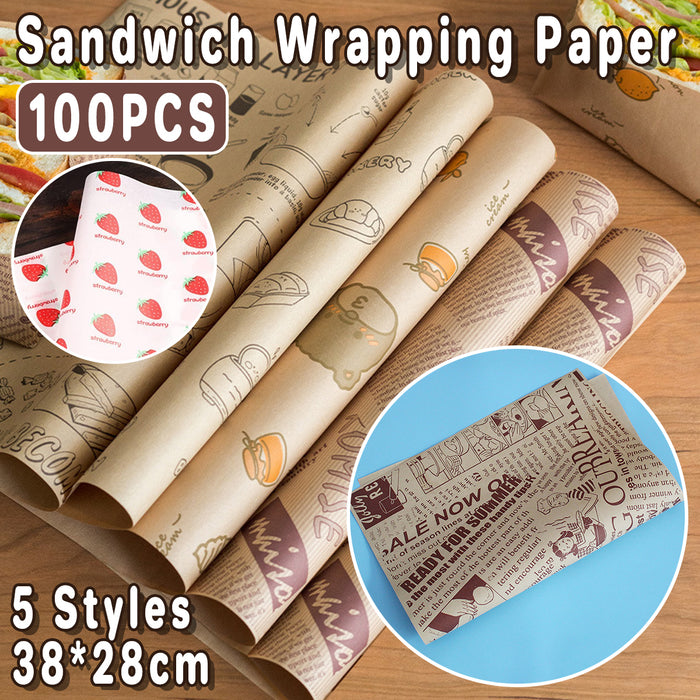 100Pcs Grease-Proof Sandwich Wrappers Oil Blotting Coated Paper 5 Styles