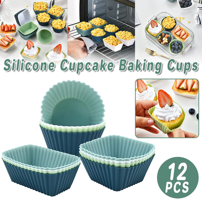 12 Pcs Silicone Cupcake Molds Round & Square Baking Molds Reusable Nonstick for Muffins