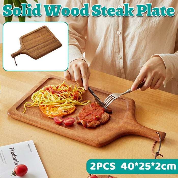 2 Pcs Solid Wood Steak Serving Plate with Handle 40 x 25 cm Natural Wood