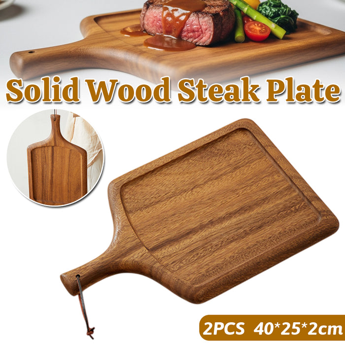 2 Pcs Solid Wood Steak Serving Plate with Handle 40 x 25 cm Natural Wood