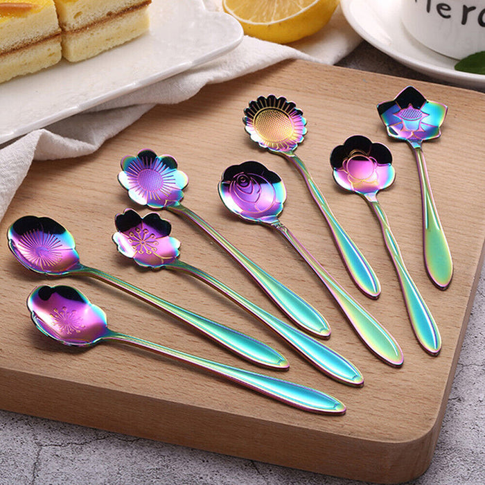 8 Pcs Long Handle Stainless Steel Teaspoons Gold Rainbow