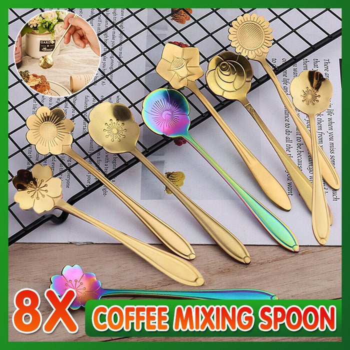 8 Pcs Long Handle Stainless Steel Teaspoons Gold Rainbow