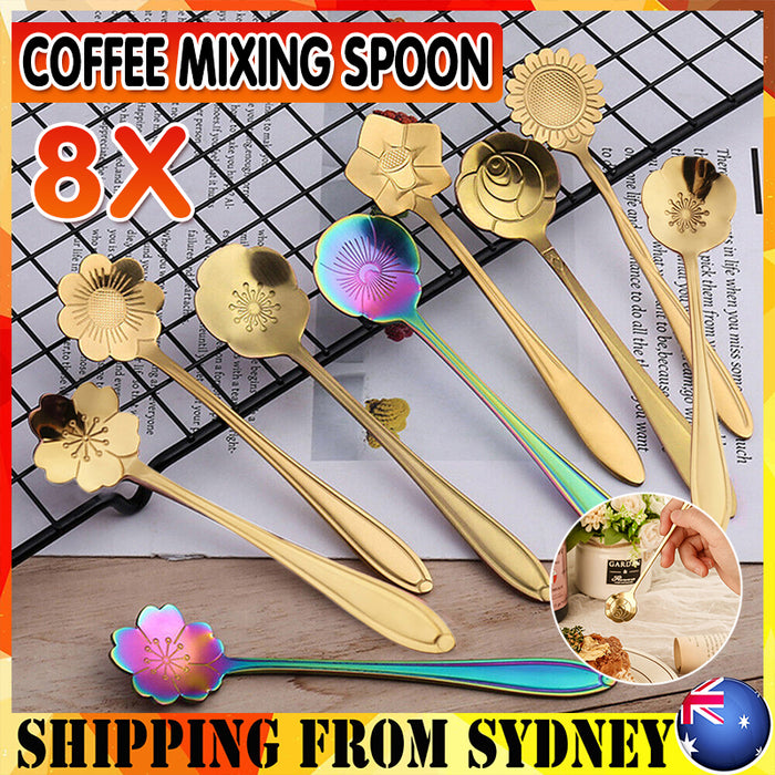 8 Pcs Long Handle Stainless Steel Teaspoons Gold Rainbow