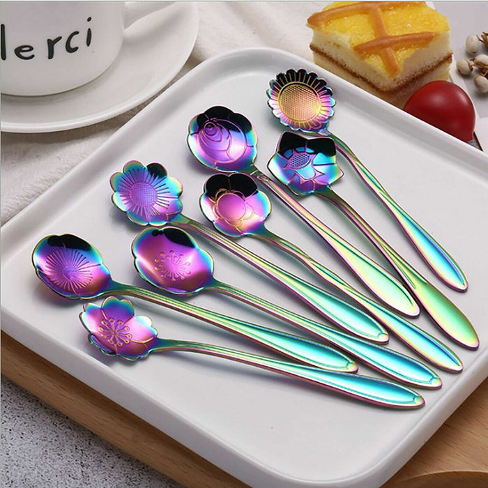 8 Pcs Long Handle Stainless Steel Teaspoons Gold Rainbow