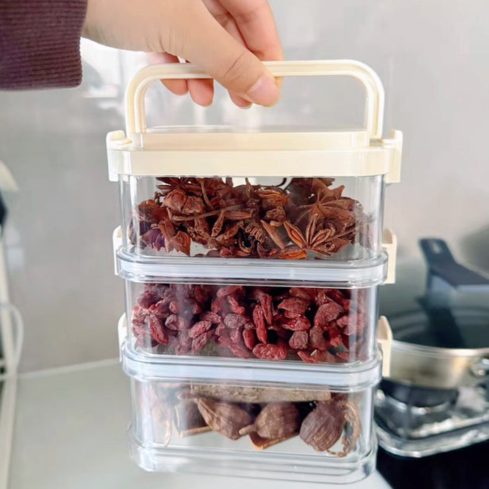 3-Layer Stackable Spice Storage Box Clear Airtight Kitchen Organizer with Handle