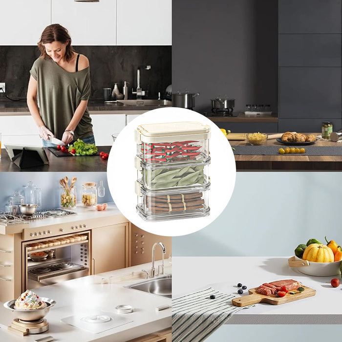3-Layer Stackable Spice Storage Box Clear Airtight Kitchen Organizer with Handle