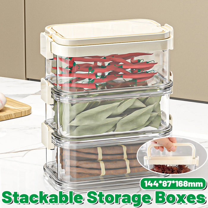 3-Layer Stackable Spice Storage Box Clear Airtight Kitchen Organizer with Handle