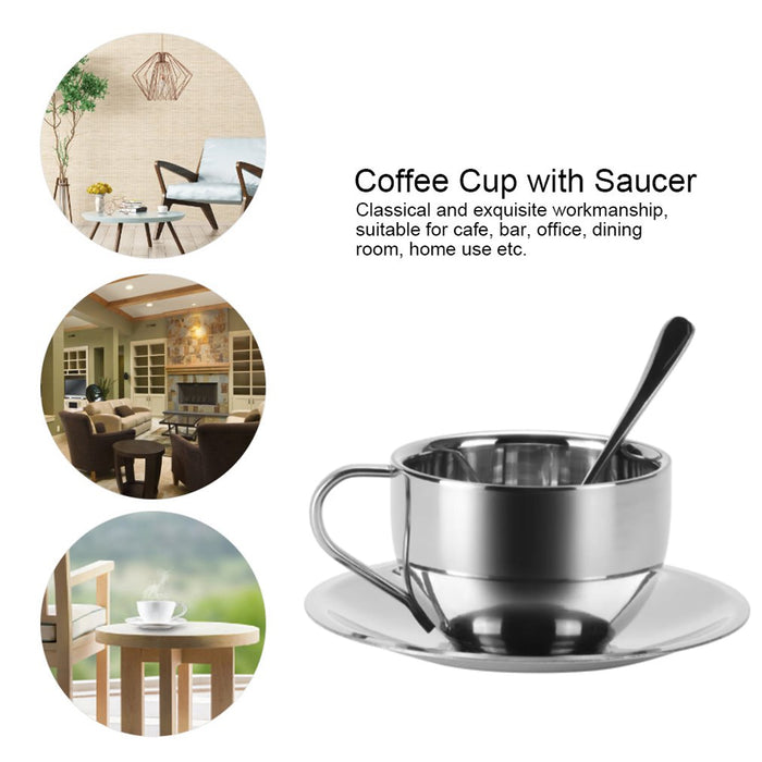 3PCS 180ml 304 Stainless Steel Coffee Cup Set with Saucer
