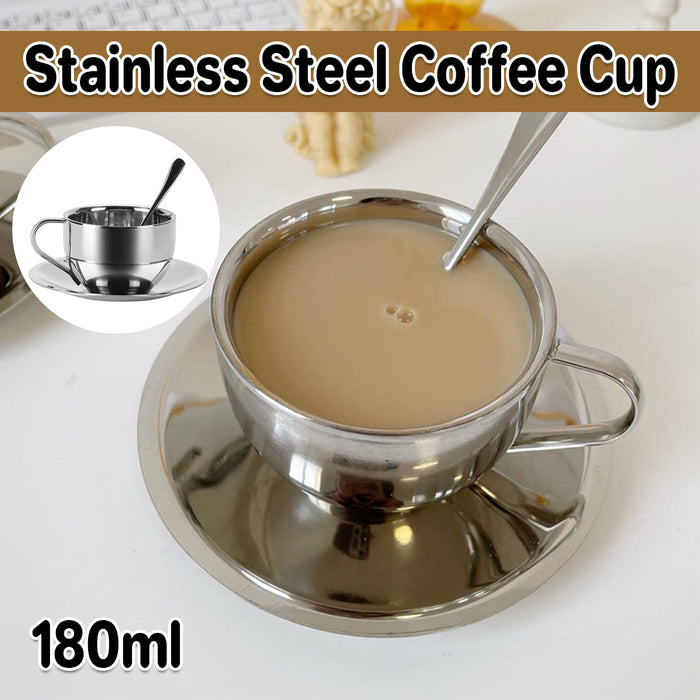 3PCS 180ml 304 Stainless Steel Coffee Cup Set with Saucer