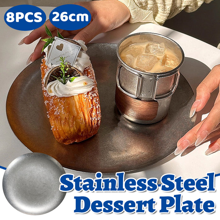 8 Pcs Stainless Steel Round Dessert Plates 26 cm Non-Slip Polished