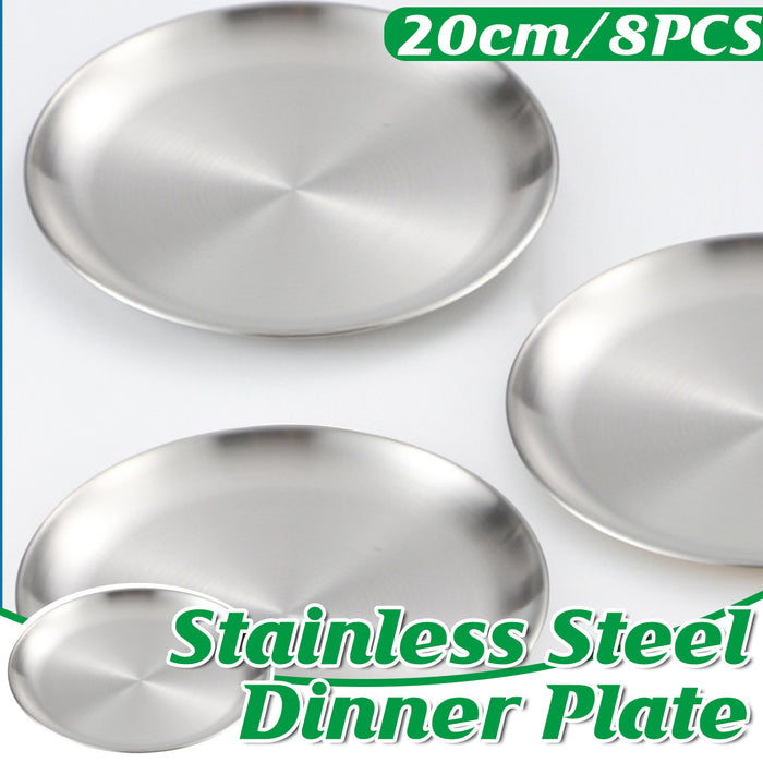 8 Pcs 304 Stainless Steel Dinner Plates 20 cm Round Brushed Finish