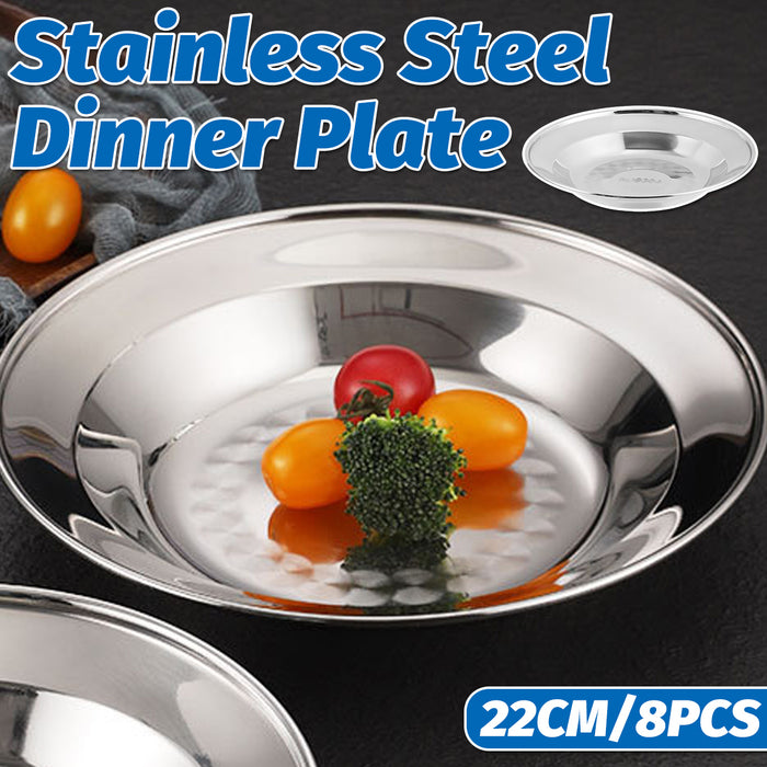 8 Pcs Stainless Steel Dinner Plates 22 cm Round Mirror-Polished Non-Slip