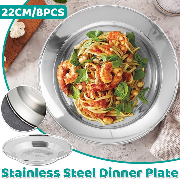 8 Pcs Stainless Steel Dinner Plates 22 cm Round Mirror-Polished Non-Slip