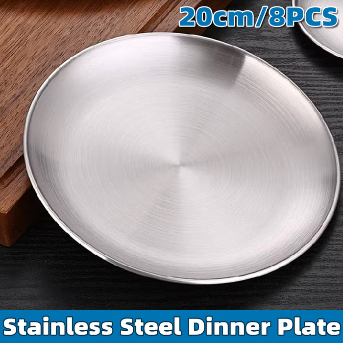 8 Pcs 304 Stainless Steel Dinner Plates 20 cm Round Brushed Finish
