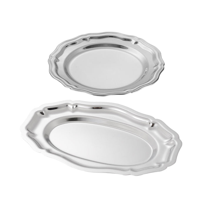2 Pcs 304 Stainless Steel Lace Dessert Plate Set Oval 21.5 cm and Round 20 cm