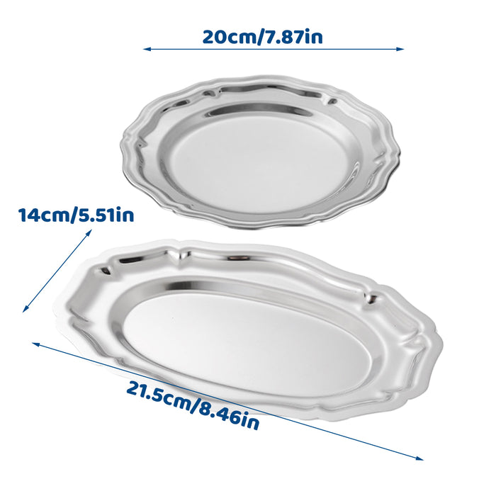 2 Pcs 304 Stainless Steel Lace Dessert Plate Set Oval 21.5 cm and Round 20 cm