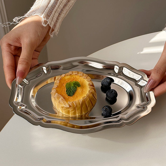 2 Pcs 304 Stainless Steel Lace Dessert Plate Set Oval 21.5 cm and Round 20 cm