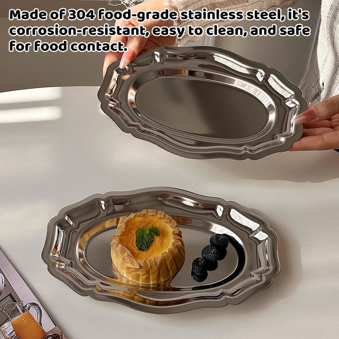 2 Pcs 304 Stainless Steel Lace Dessert Plate Set Oval 21.5 cm and Round 20 cm