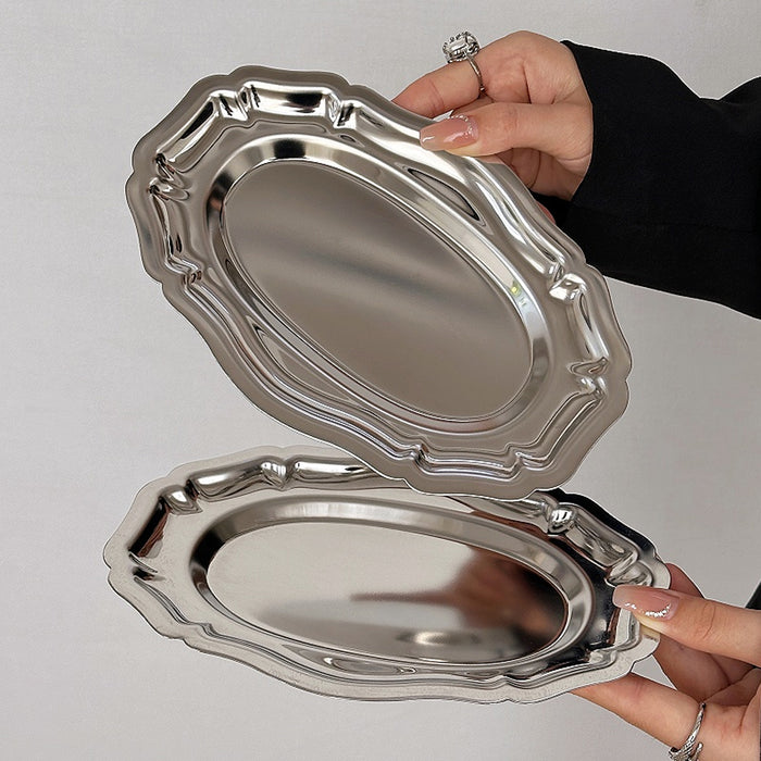 2 Pcs 304 Stainless Steel Lace Dessert Plate Set Oval 21.5 cm and Round 20 cm