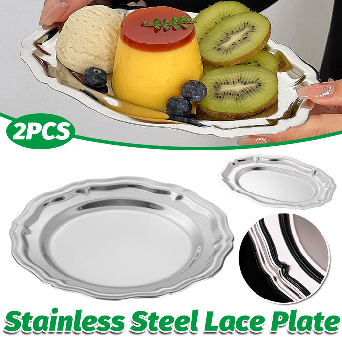 2 Pcs 304 Stainless Steel Lace Dessert Plate Set Oval 21.5 cm and Round 20 cm