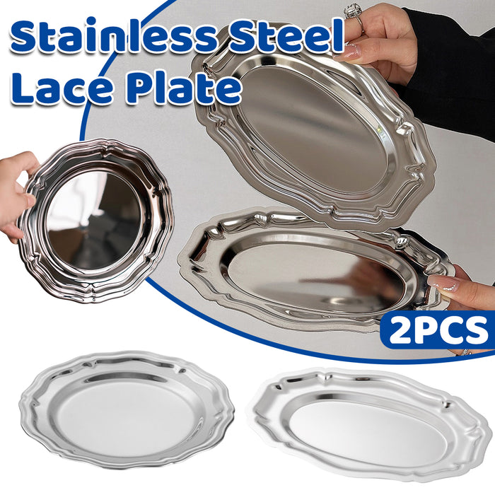 2 Pcs 304 Stainless Steel Lace Dessert Plate Set Oval 21.5 cm and Round 20 cm