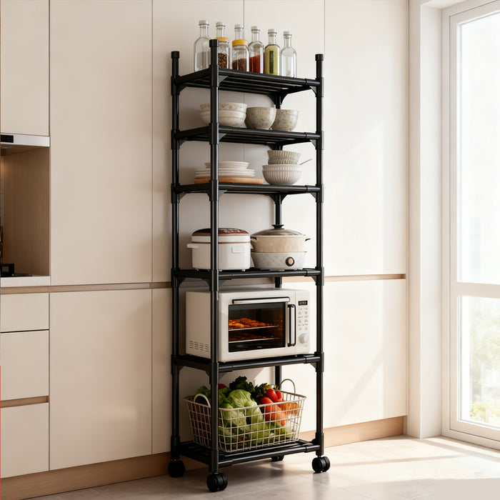 Movable Kitchen Storage Rack With Wheels 6 Tier Black