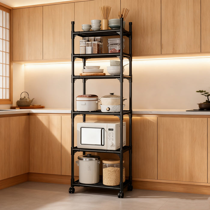 Movable Kitchen Storage Rack With Wheels 6 Tier Black