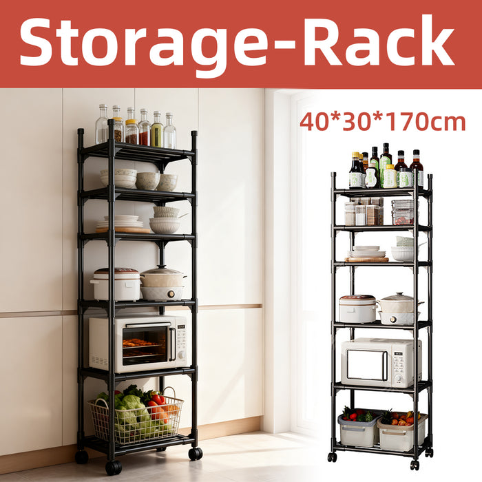 Movable Kitchen Storage Rack With Wheels 6 Tier Black
