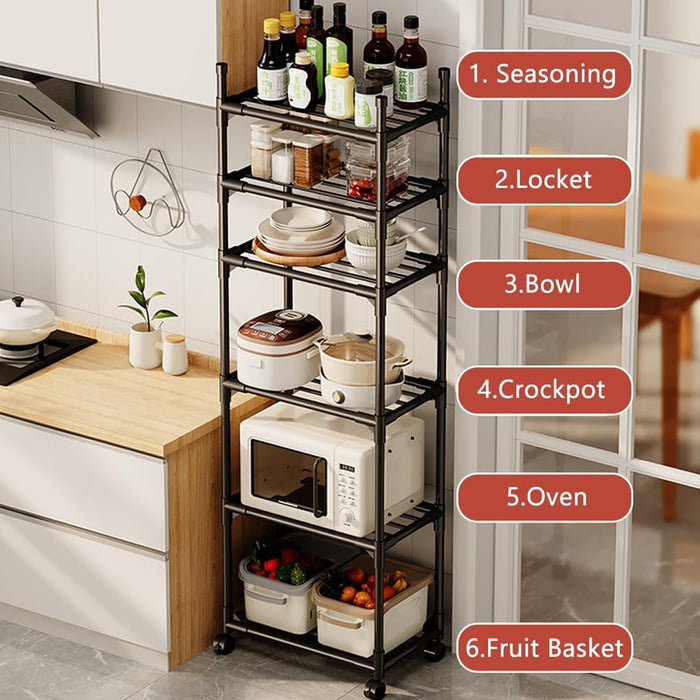 Movable Kitchen Storage Rack With Wheels 6 Tier Black