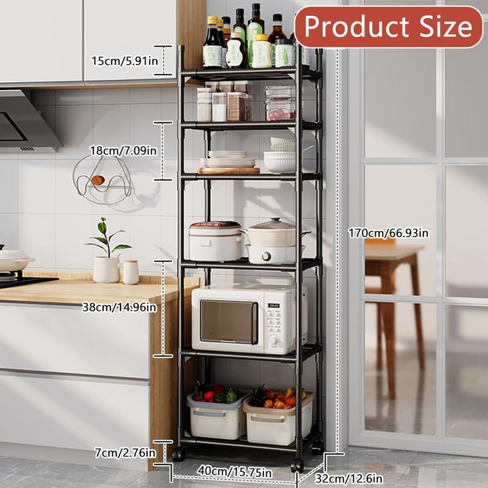 Movable Kitchen Storage Rack With Wheels 6 Tier Black
