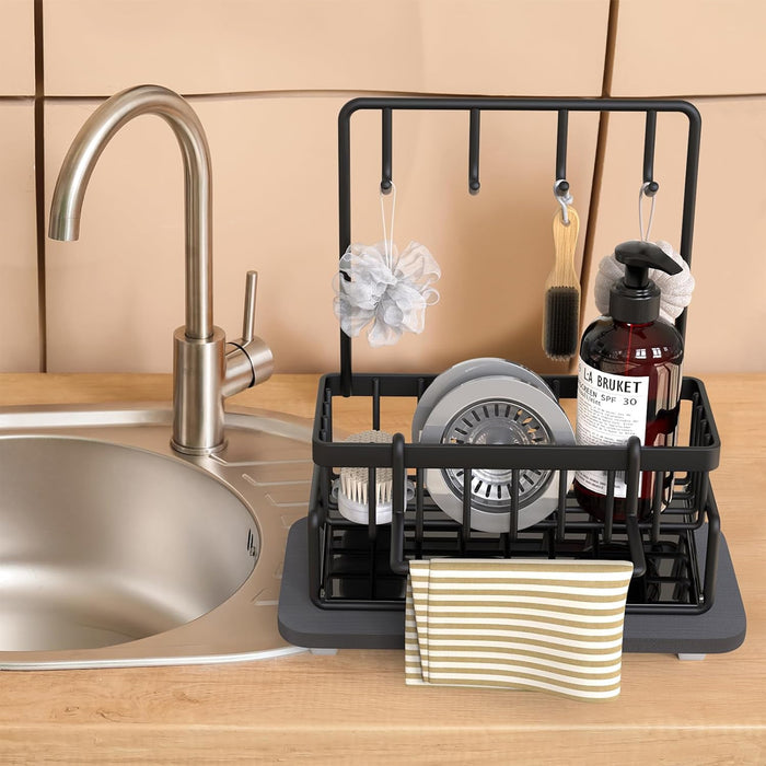 Wall Mounted Sponge Holder With Hooks Rust Proof Black