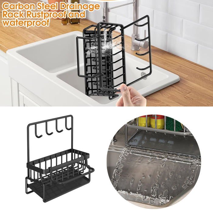 Wall Mounted Sponge Holder With Hooks Rust Proof Black