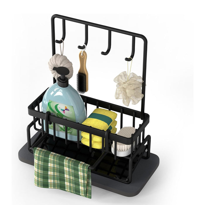 Wall Mounted Sponge Holder With Hooks Rust Proof Black