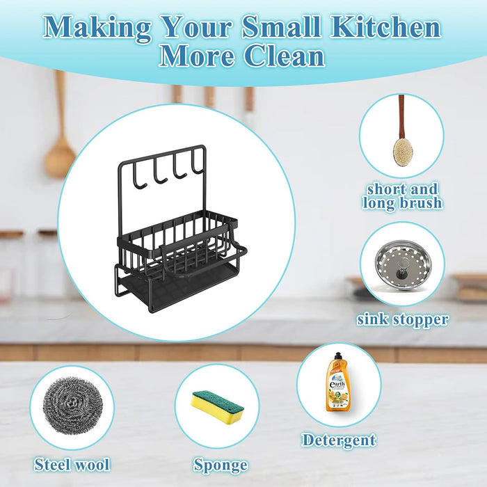 Wall Mounted Sponge Holder With Hooks Rust Proof Black