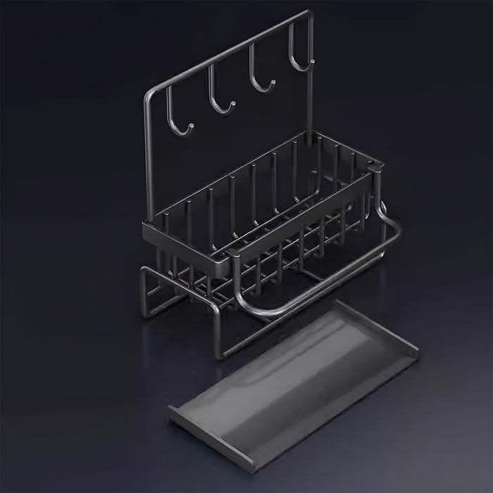 Wall Mounted Sponge Holder With Hooks Rust Proof Black