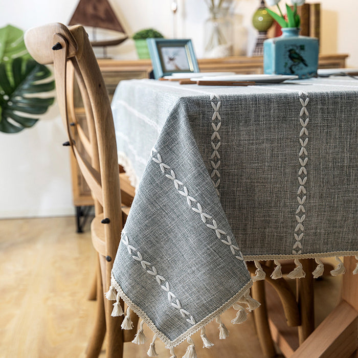 Tassel Cotton-Linen Geometric Rectangular Tablecloth