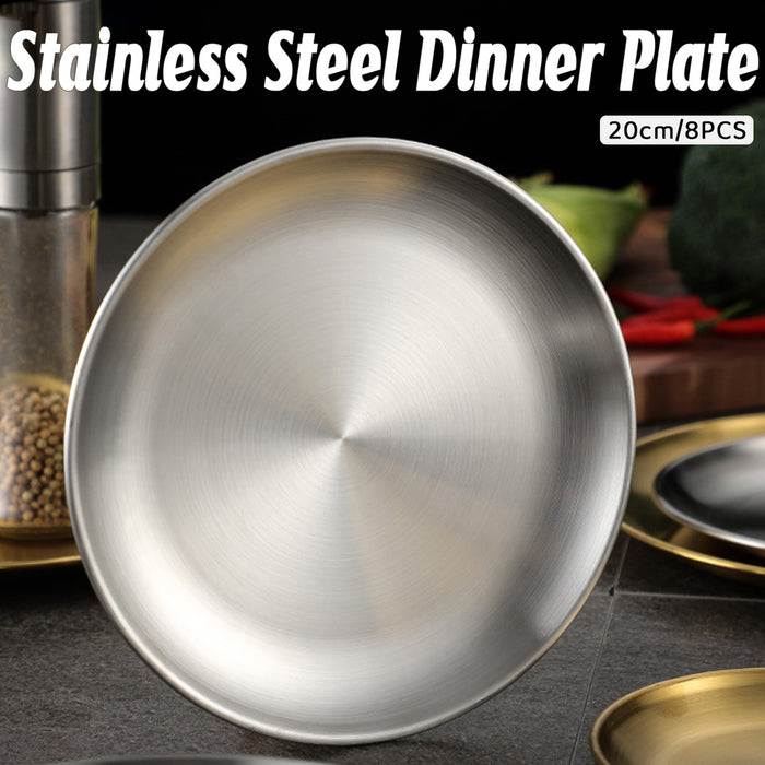 8 Pcs 304 Stainless Steel Dinner Plates 20 cm Round Brushed Finish
