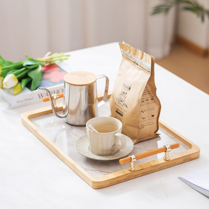 Bamboo Tea Tray with Stone Plastic Base Waterproof Non-Slip 34.5 x 25 cm