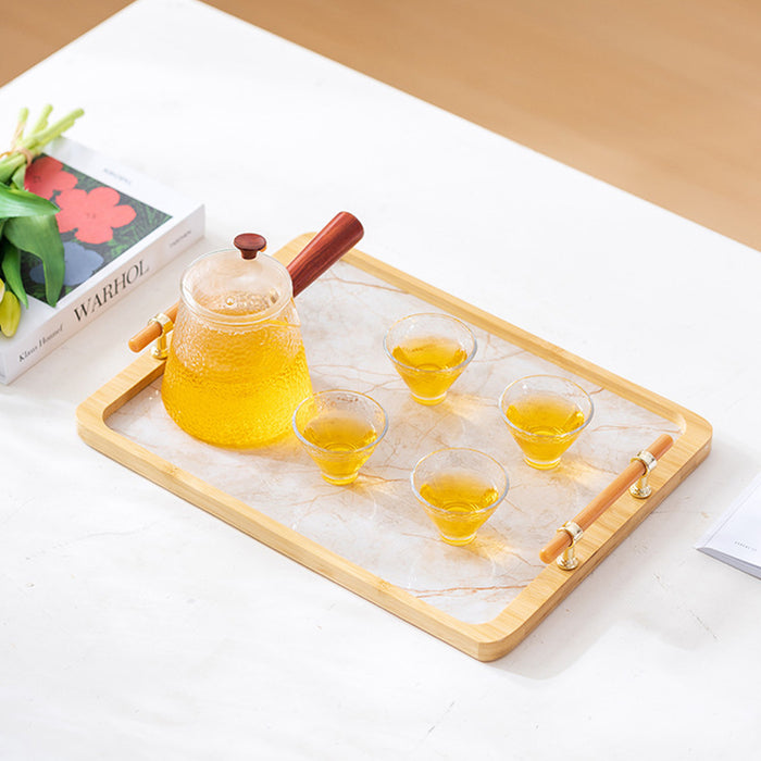 Bamboo Tea Tray with Stone Plastic Base Waterproof Non-Slip 34.5 x 25 cm