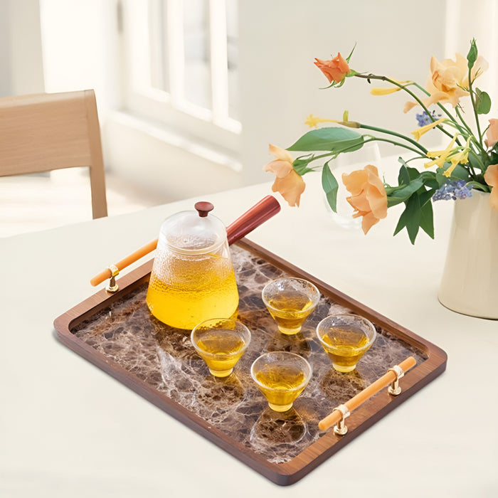 Bamboo Tea Tray with Stone Plastic Base Waterproof Non-Slip 34.5 x 25 cm