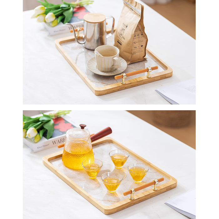 Bamboo Tea Tray with Stone Plastic Base Waterproof Non-Slip 34.5 x 25 cm