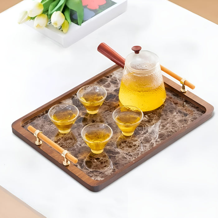Bamboo Tea Tray with Stone Plastic Base Waterproof Non-Slip 34.5 x 25 cm
