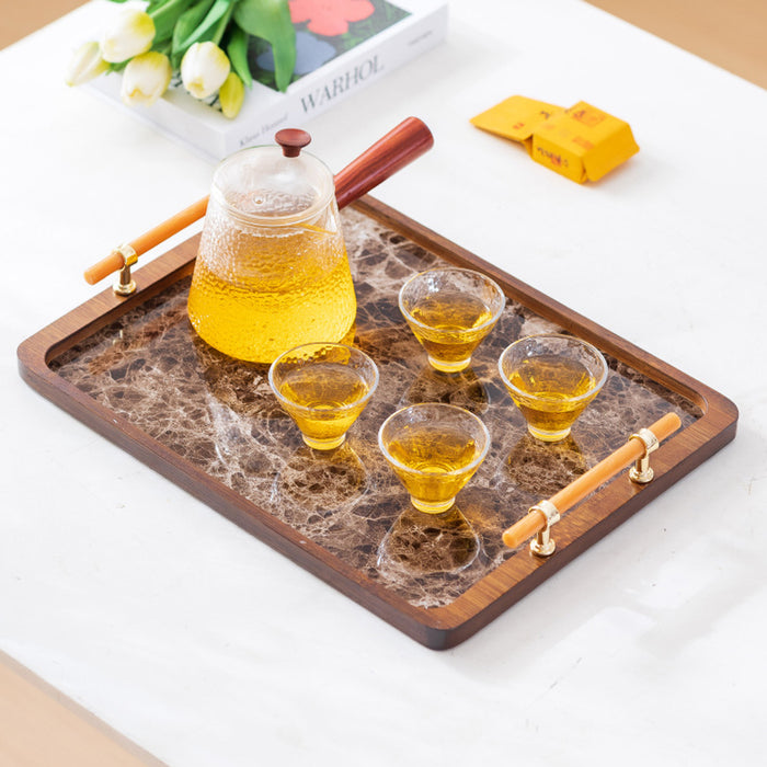 Bamboo Tea Tray with Stone Plastic Base Waterproof Non-Slip 34.5 x 25 cm