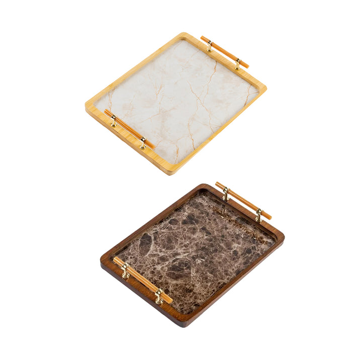 Bamboo Tea Tray with Stone Plastic Base Waterproof Non-Slip 34.5 x 25 cm