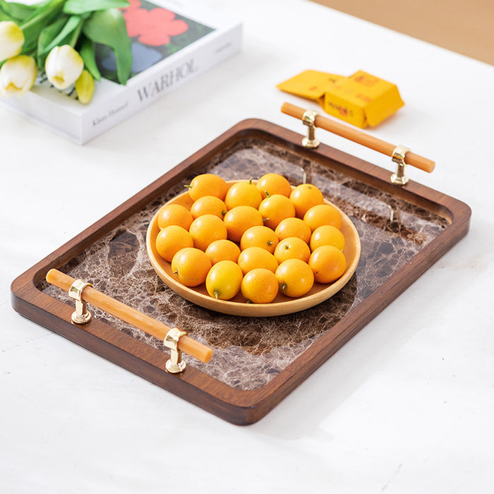 Bamboo Tea Tray with Stone Plastic Base Waterproof Non-Slip 34.5 x 25 cm