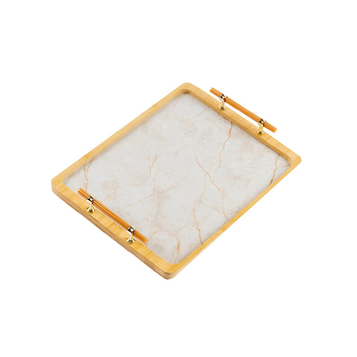 Bamboo Tea Tray with Stone Plastic Base Waterproof Non-Slip 34.5 x 25 cm